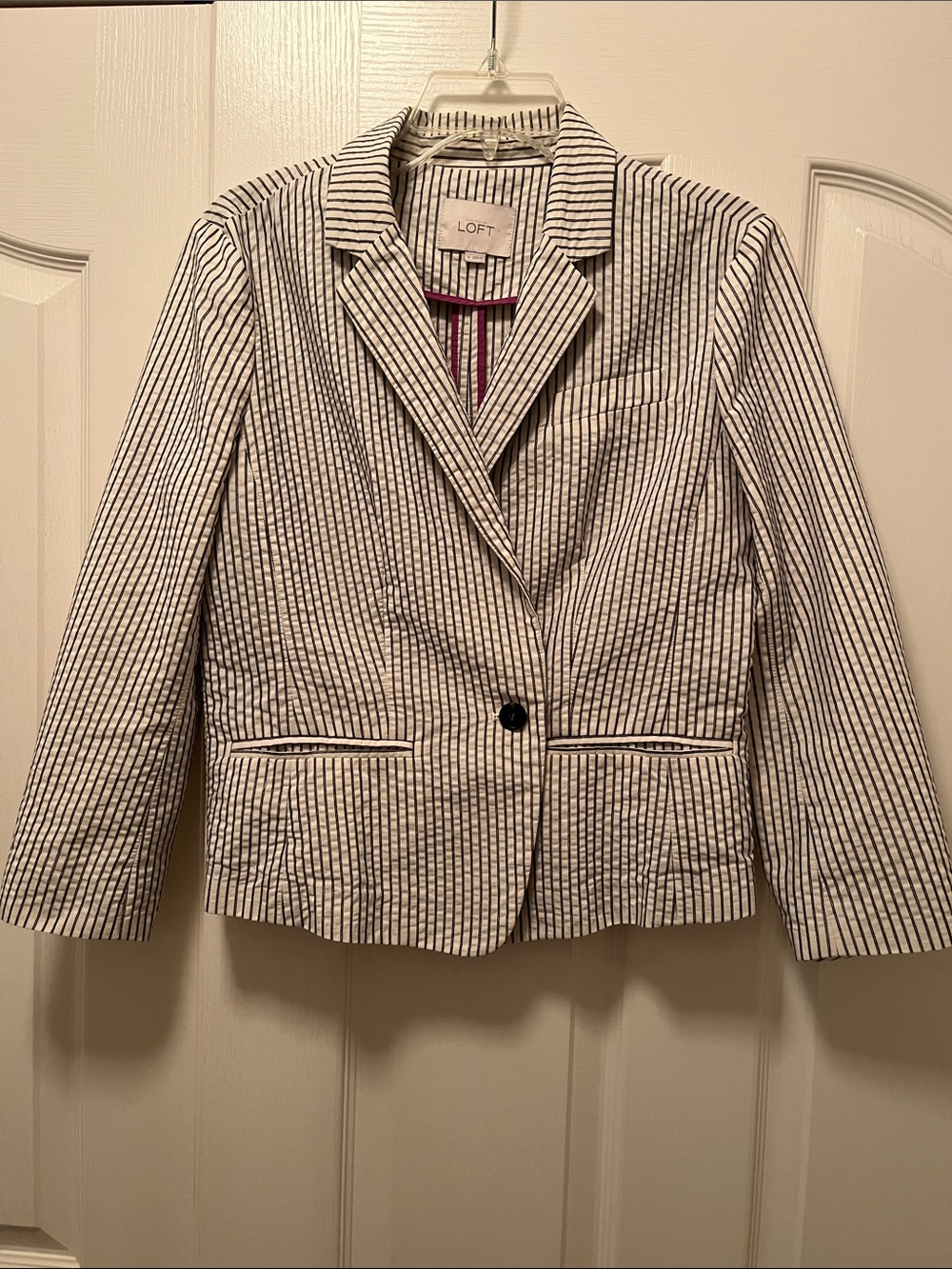 LOFT Black and White Striped Single-Button Blazer